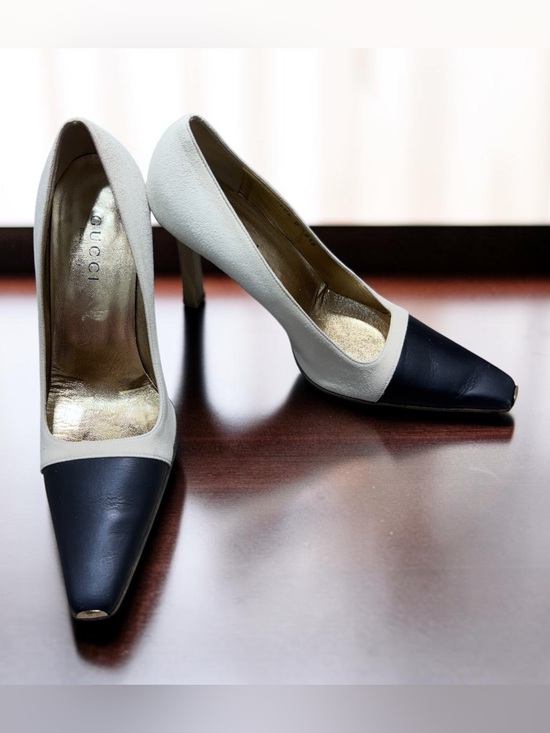 Gucci Shoes - Gucci Women’s Leather Cap Toe Pumps Cream Black Gold Made in Italy Sz 8.5B